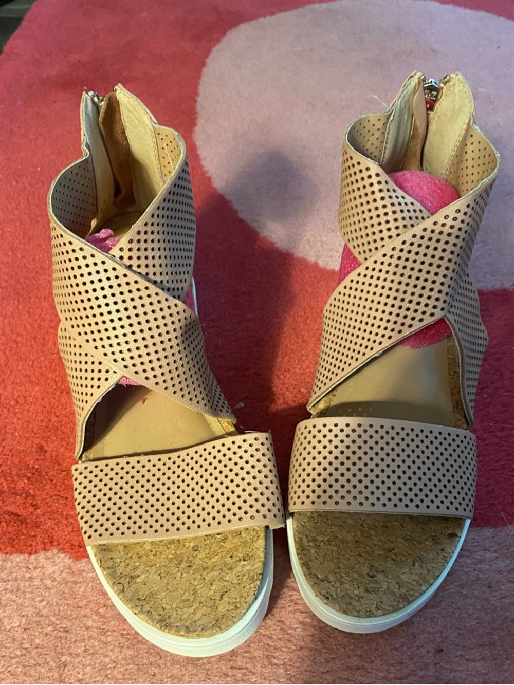 Womens Beige Perforated Cork Platform Sandals
